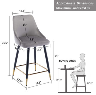 Set of 2 Button Tufted Velvet Bar Counter Stools, Grey, 24''