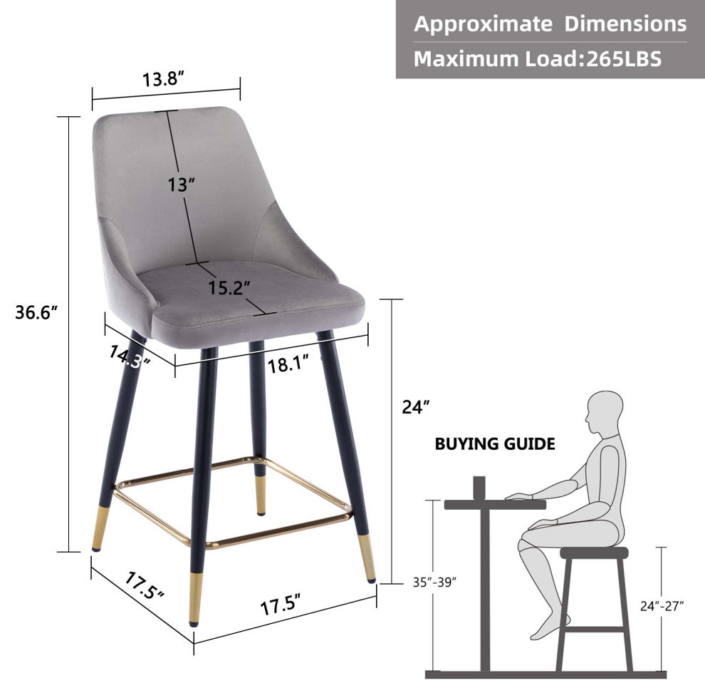 Set of 2 Button Tufted Velvet Bar Counter Stools, Grey, 24''