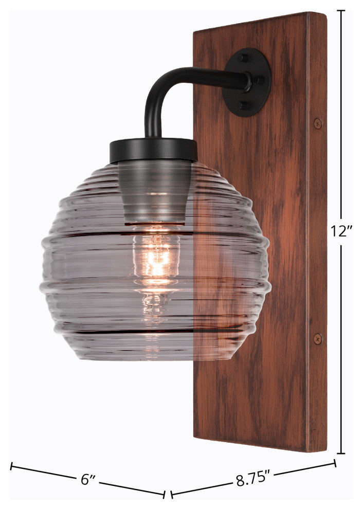 Oxbridge 1-Light Wall Sconce, Matte Black & Painted Wood-look Metal/Smoke Ribbed