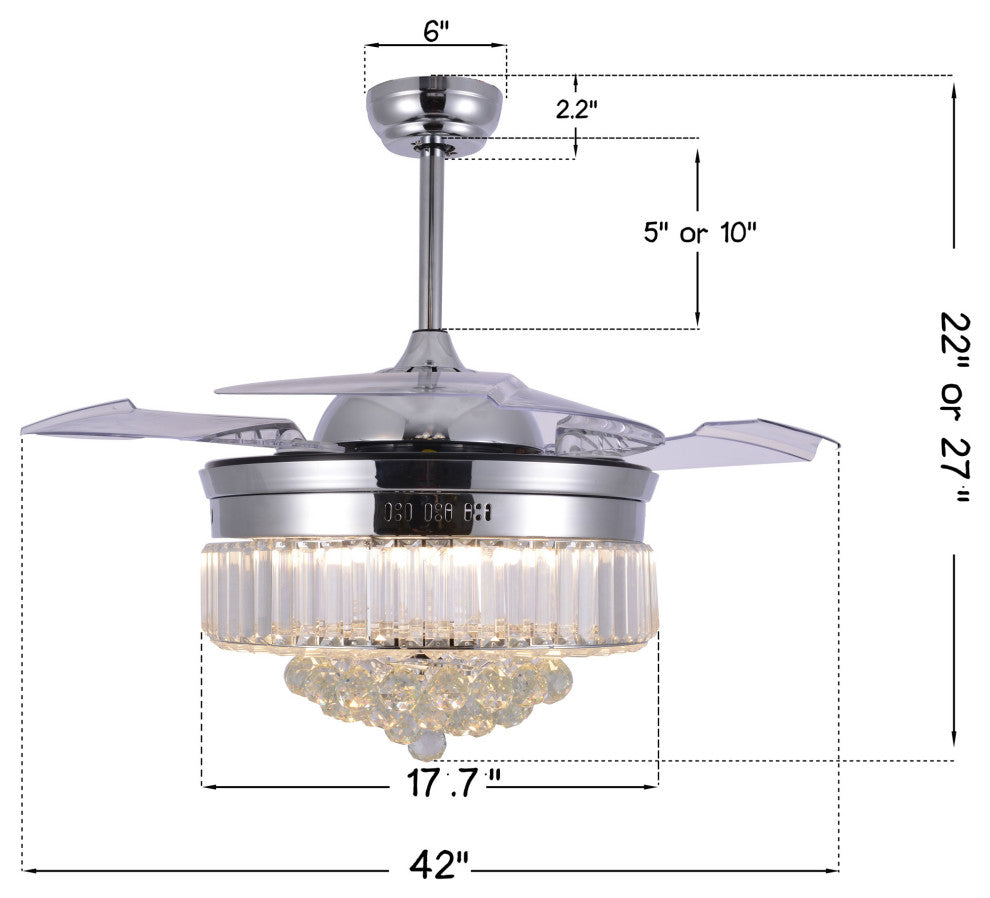Unique Caged Ceiling Fan with Remote, LED light, Retractable Blades, Chrome
