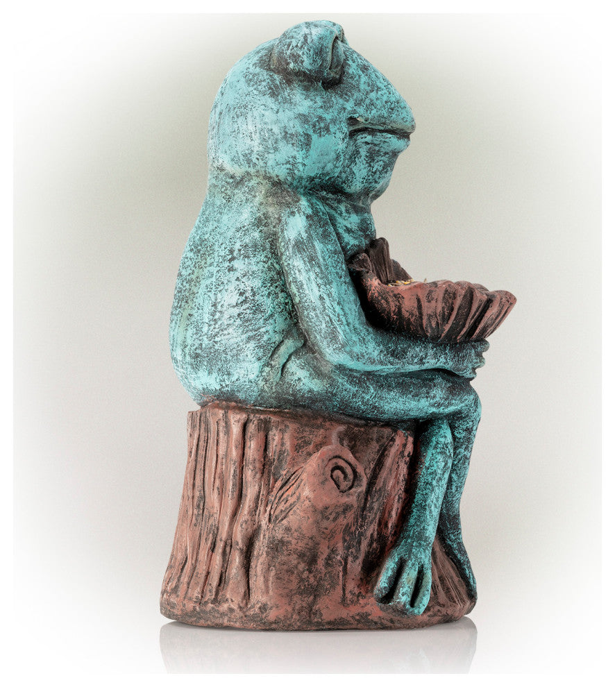 Alpine Green Sleeping Frog Holding a Flower Statue, 15"Tall