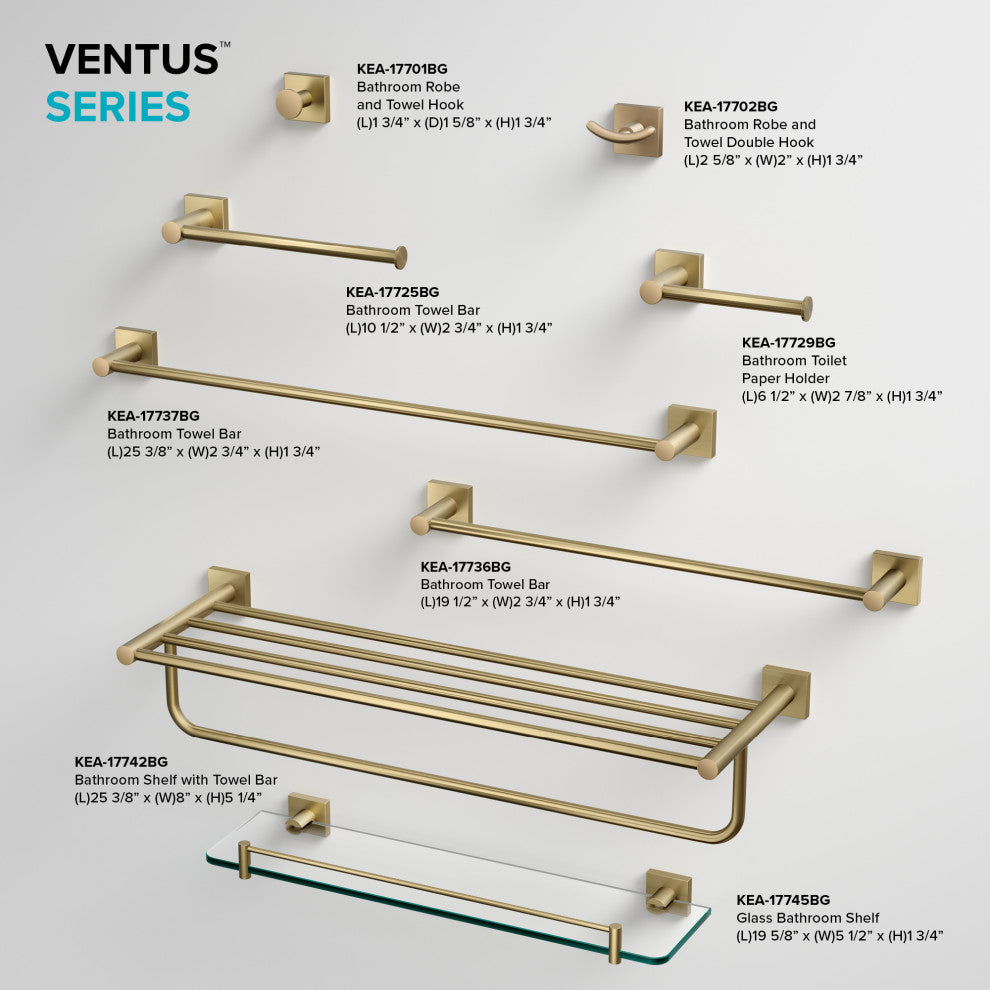 Ventus Bathroom Shelf With Towel Bar, Brushed Gold