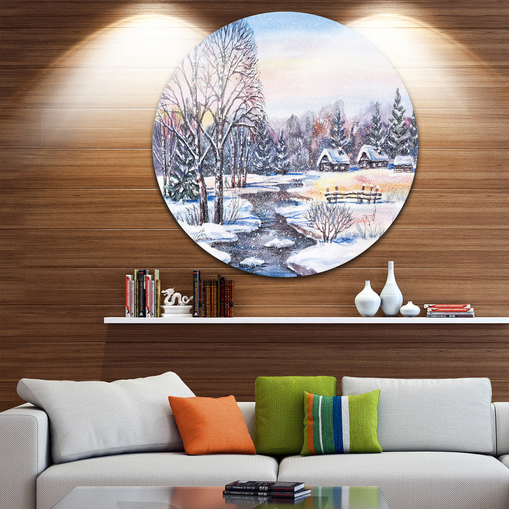 Russian Winter Village, Landscape Photo Round Metal Wall Art, 36"
