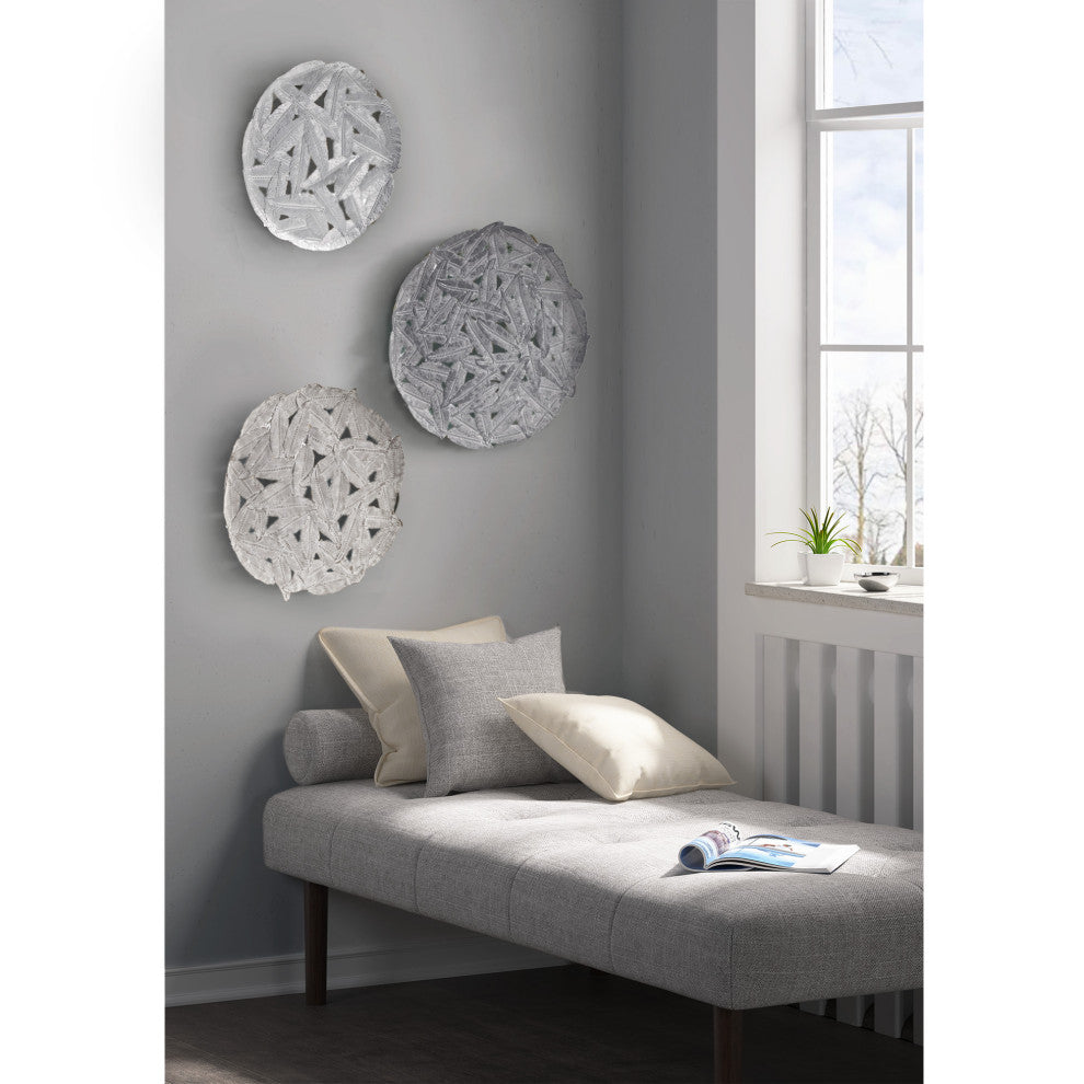 Madison Park Rossi Textured Feather 3-piece Metal Disc Wall Decor Set, Grey
