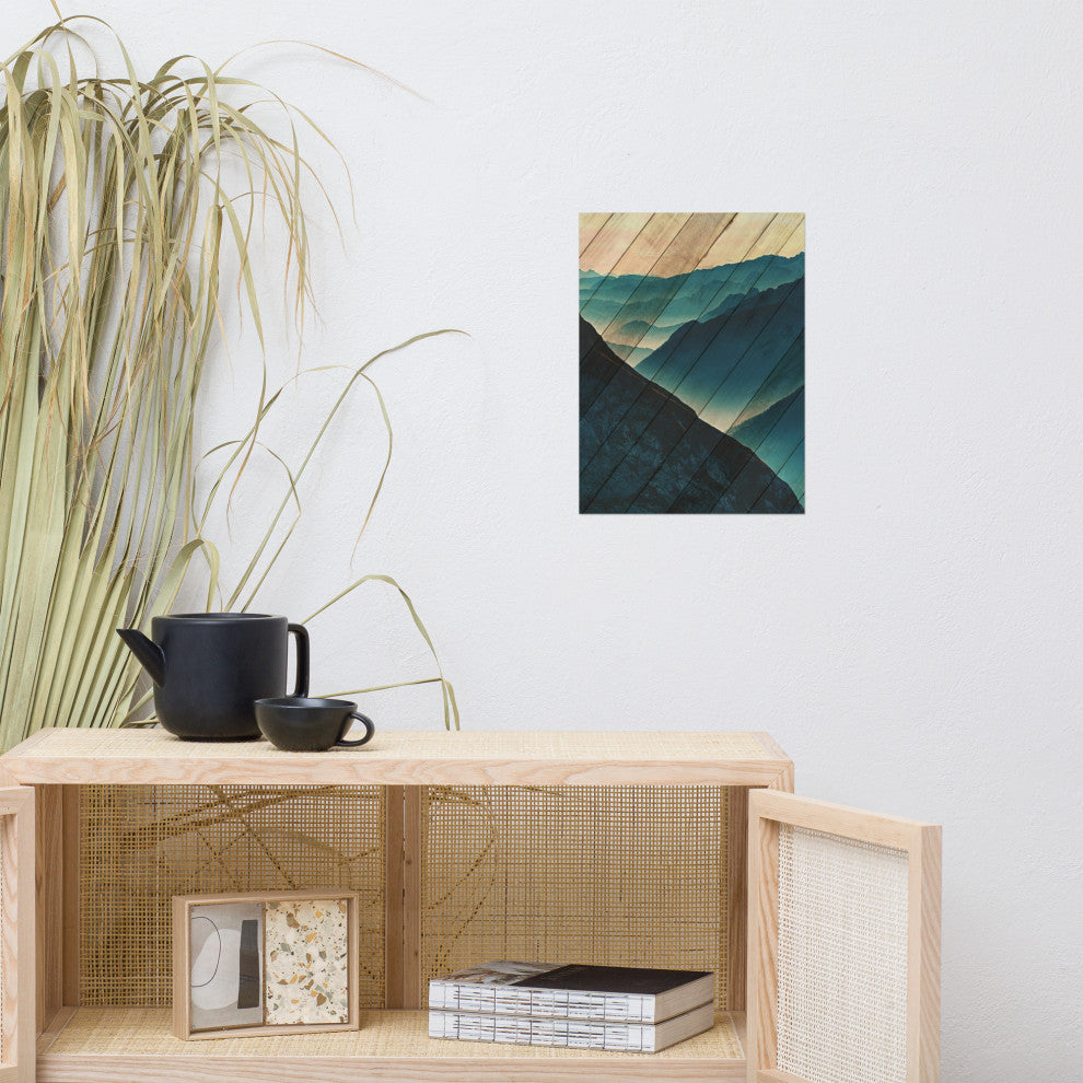 Faux Wood Misty Blue Silhouette Mountain Range Landscape Wall Art, 12" X 16"