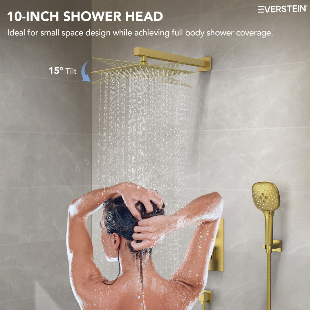 Pressure Balanced Shower System with 3-Setting Hand Shower, Brushed Gold, 10"