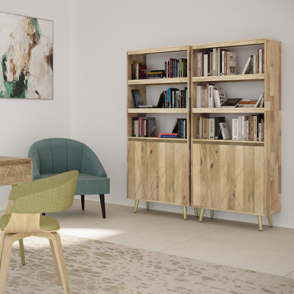 Jager Solid Mango Wood Bookshelf With Doors, Natural