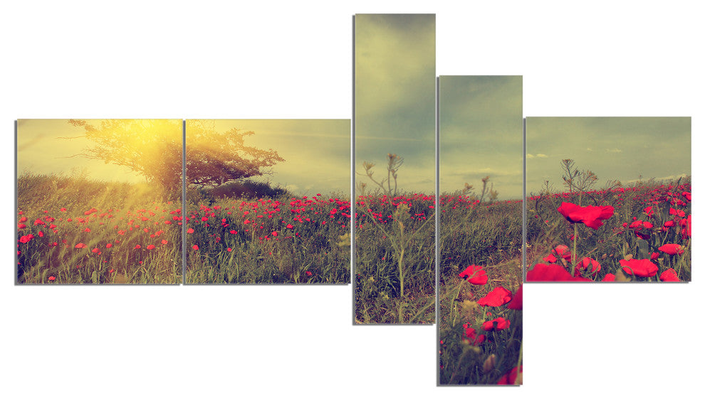 Vintage Photo of Poppies at Sunset, Floral Canvas Print, 60"x32", 5 panels