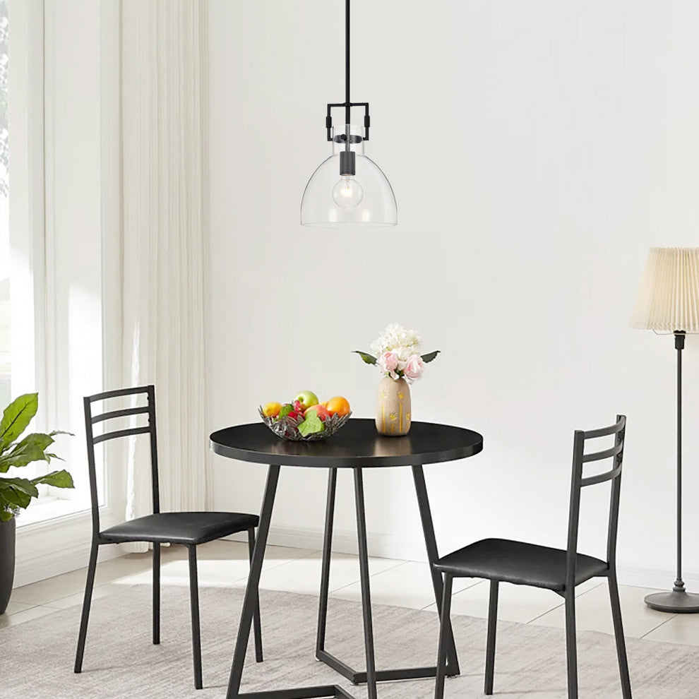 1-Light 10 in. Matte Black Pendant Light With Bowl Shaped Clear Glass Shade