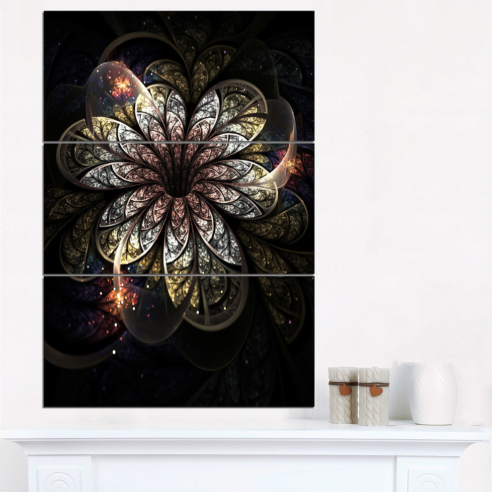"Rounded Glowing Golden Fractal Flower" Metal Wall Art, 3 Panels, 28"x36"