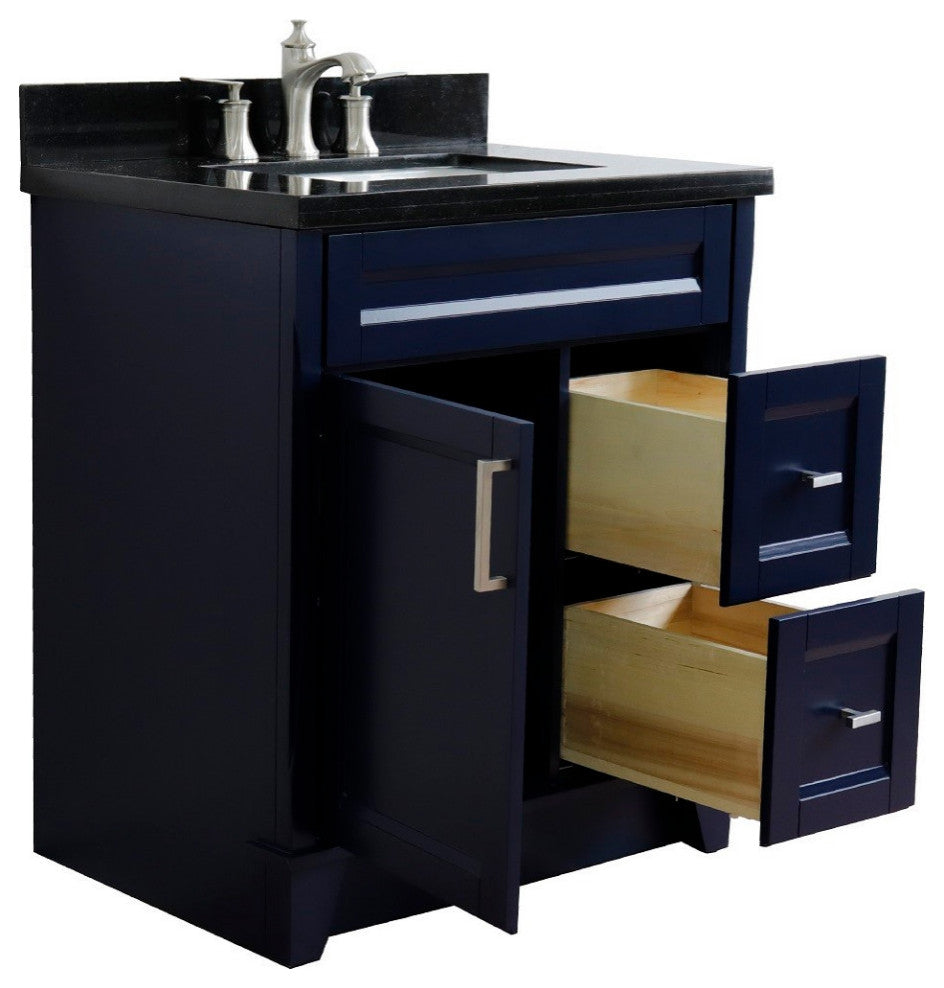 31" Single Sink Vanity, Blue Finish With Black Galaxy Granite