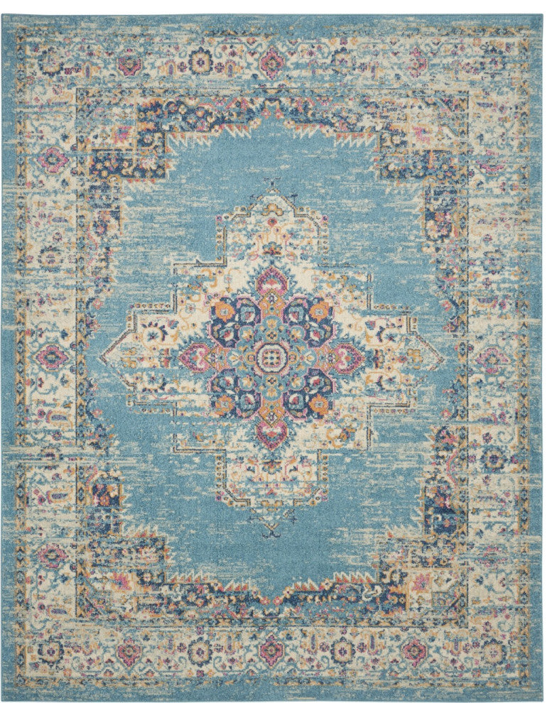 7' X 10' Blue and Ivory Medallion Power Loom Distressed Area Rug