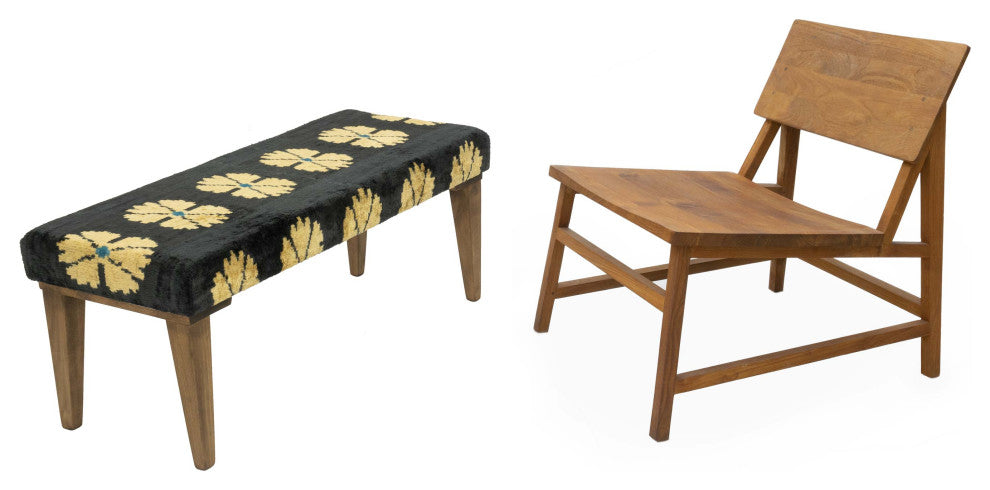 Bench Upholstered with Silk Velvet Ikat Fabric