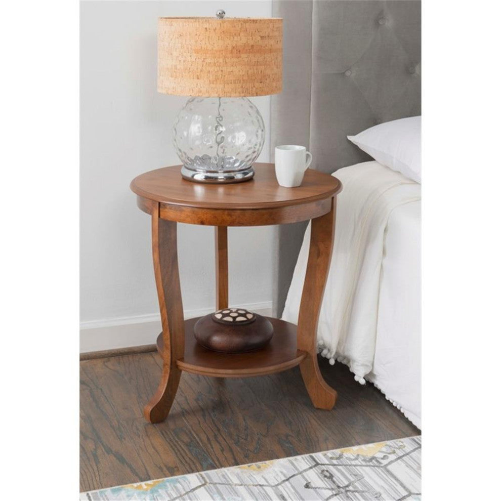 Linon Merce 22" Round Wood Side Table with Shelf in Hazelnut Brown