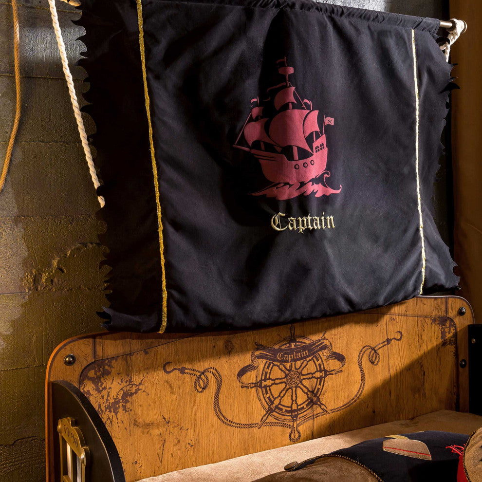 Pirate Twin-Size Captain''s Ship Bed with Sails and Deck and Trundle Storage Bed
