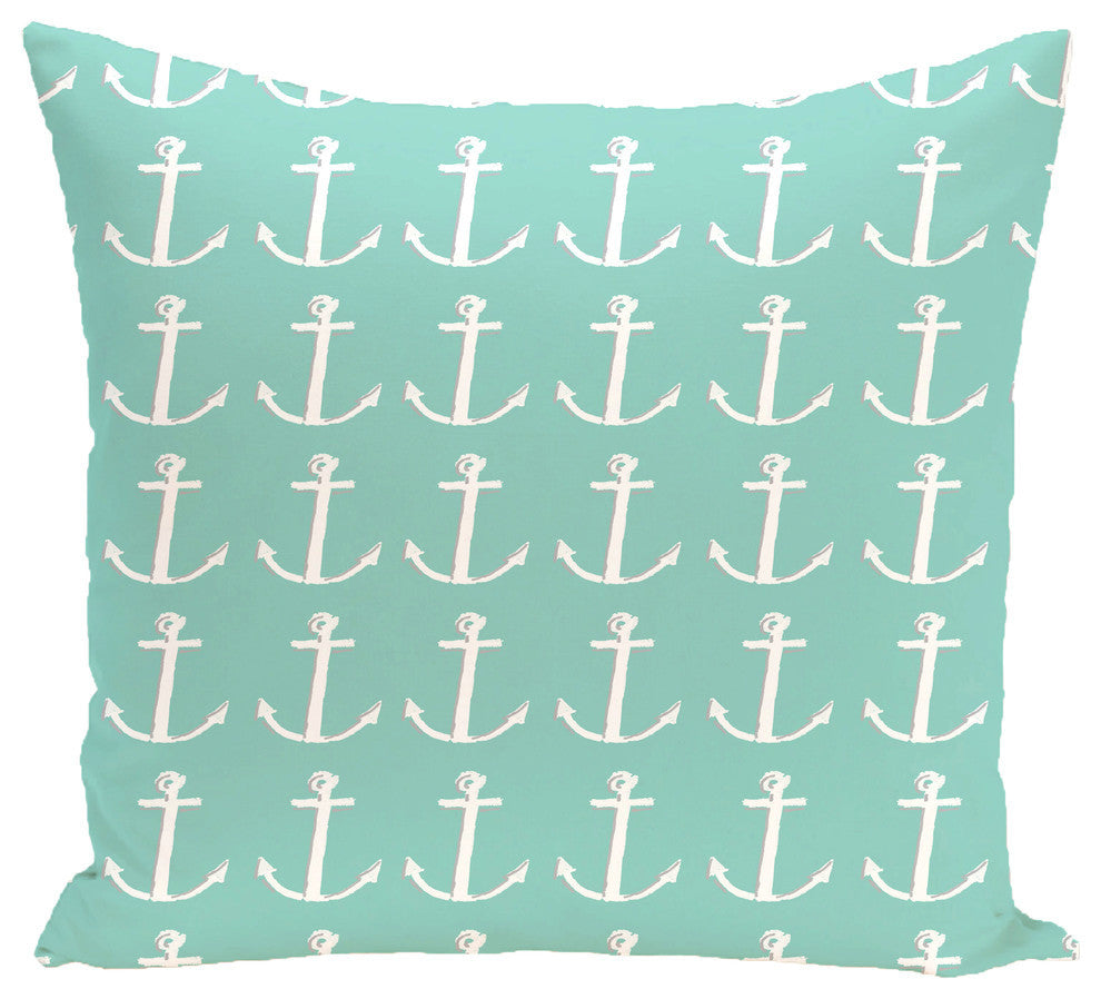Anchors Away Coastal Print Outdoor Pillow, Aqua, 18"x18"