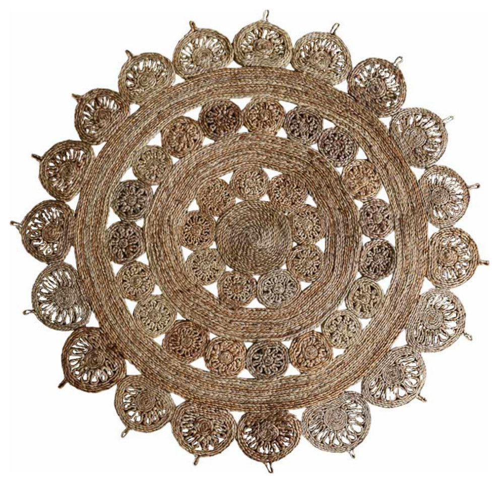 Hand Woven Jute Area Rug Oriental Beige, [Round] 4'x4'