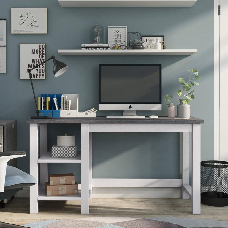 Modern Farmhouse Desk, Large Top & Side Open Shelves, White Oak/Distressed Grey