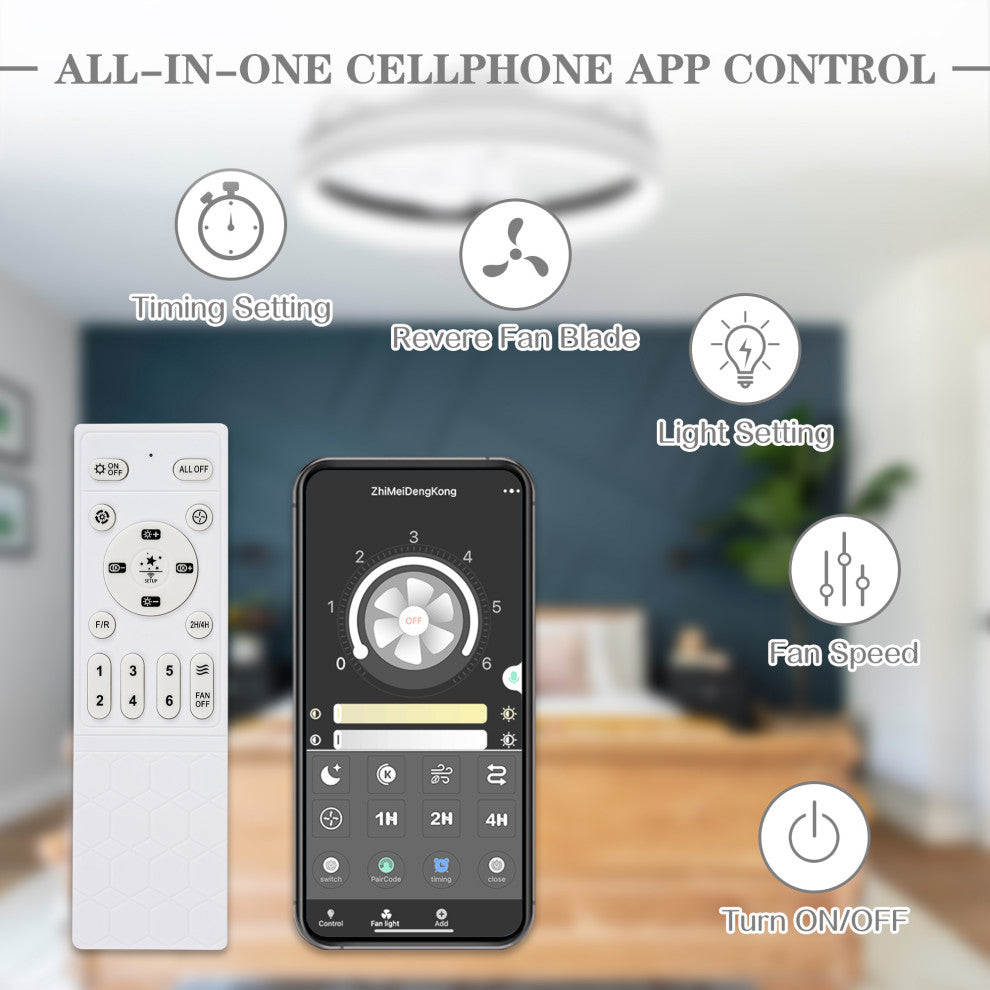 20" Low Profile Reversible Ceiling fan 6-Speed Dimmable Remote and APP Control, Black