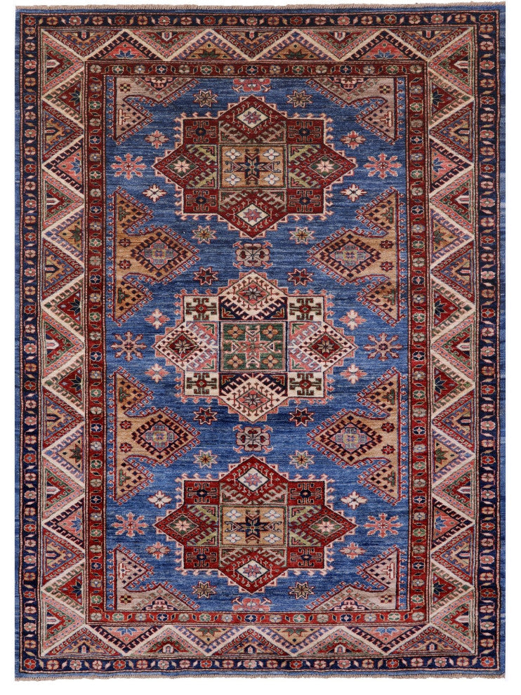 5' 4" X 7' 7" Geometric Super Kazak Hand Knotted Wool Rug Q10526