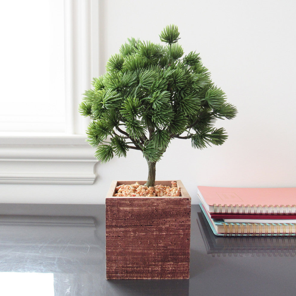 Artificial Desktop Pine Bonsai Tree, Square Wood Pot 10.5"