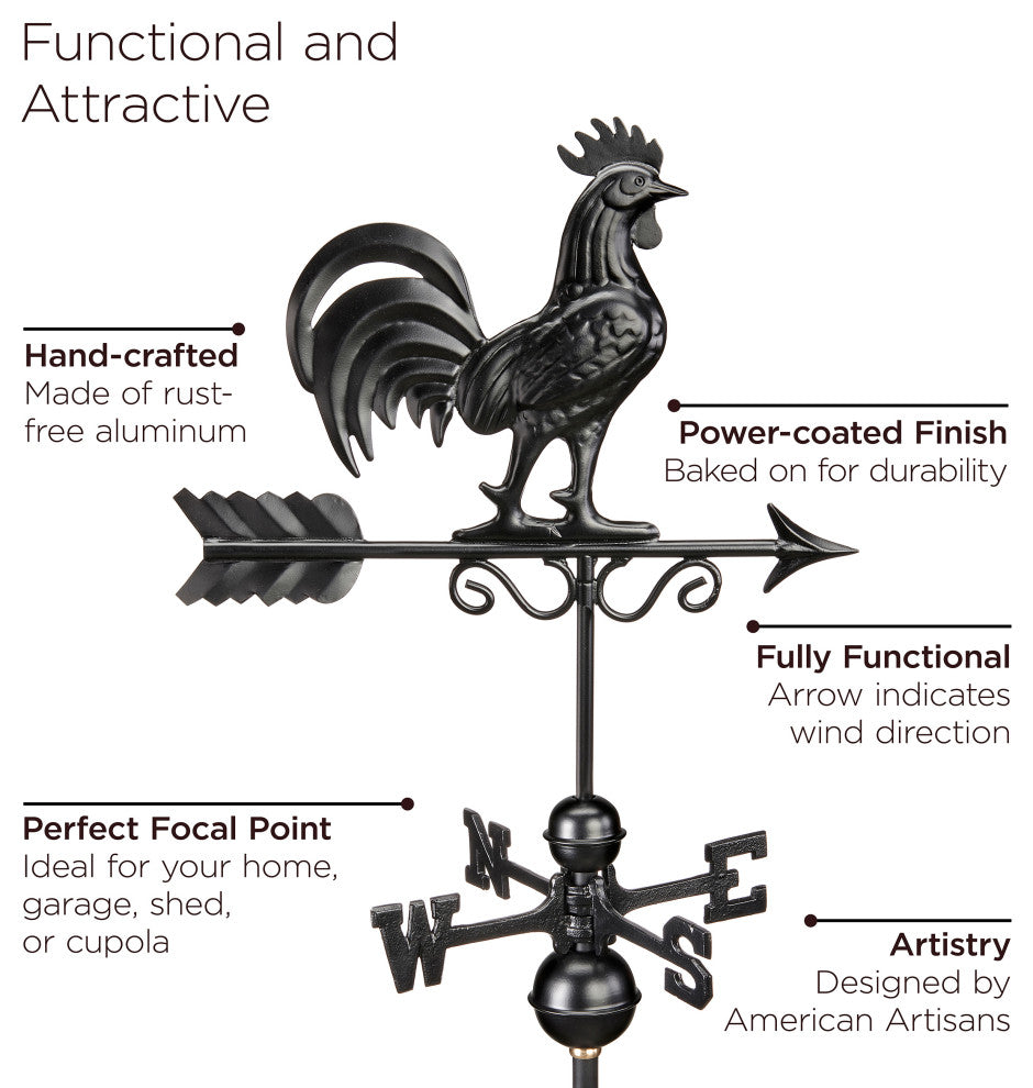 18" Coventry Vinyl Cupola, Black Aluminum Rooster Weathervane and Roof