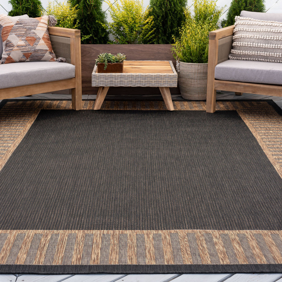 Elgin Transitional Striped Border Black/Gold Indoor/Outdoor Area Rug, 8'x10'