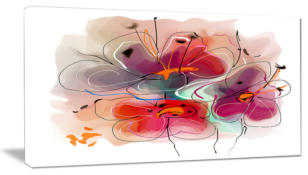 Red Blue Flower Illustration, Extra Large Floral Wall Art, 32"x16"
