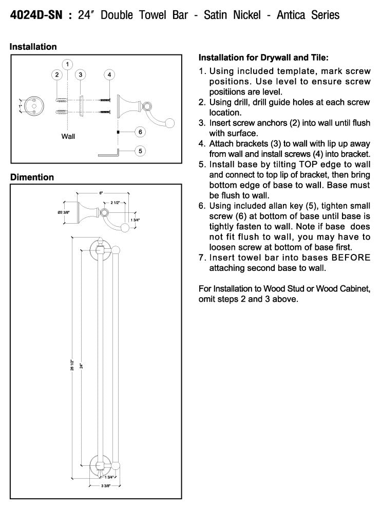 MODONA's 24" Double Towel Bar Antica Series -, Satin Nickel