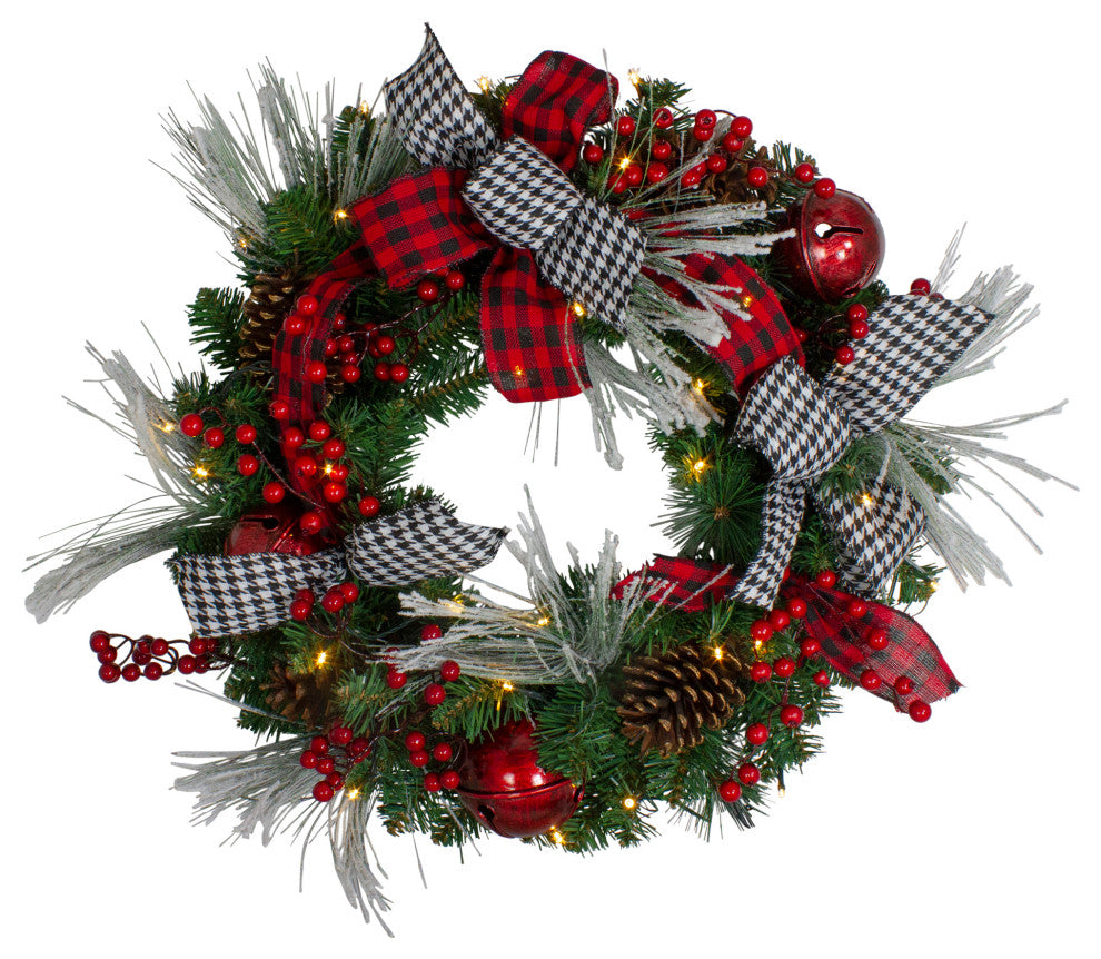 Decorated Plaid, Houndstooth Artificial Christmas Wreath 24" Warm White Lights