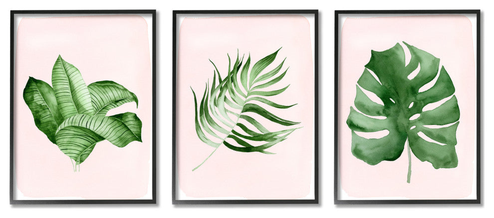 Boho Palm Leaves over Pink Modern Tropical Plants,3pc, each 11 x 14