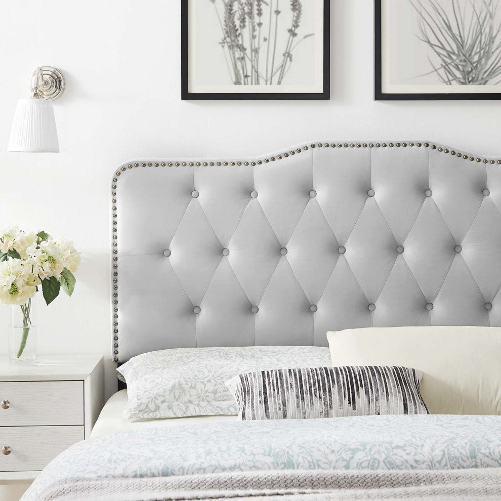 Tufted Headboard, Full Queen Size, Velvet, Light Gray, Modern Contemporary