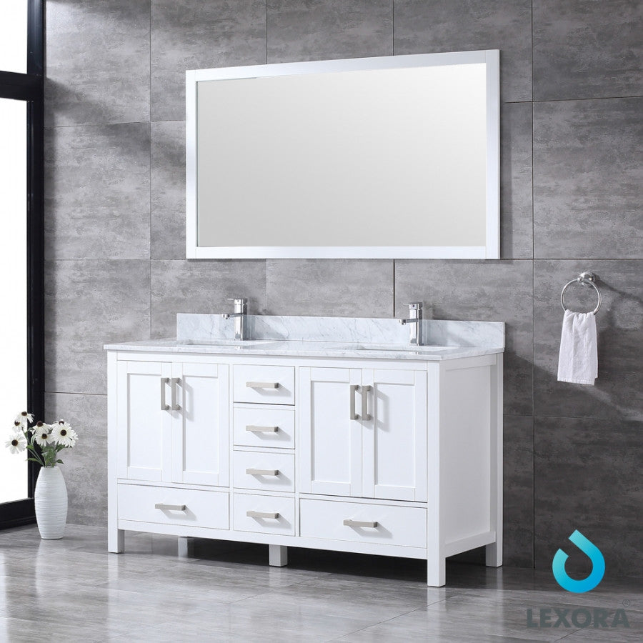 Jacques 60" Double Vanity Cabinet Carrara Marble Top Sinks, 58" Wall Mirror