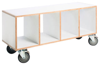 Modern Wood Bench On Casters, Open Cube Storage, White