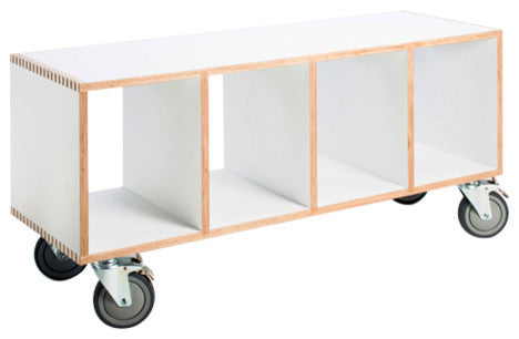 Modern Wood Bench On Casters, Open Cube Storage, White