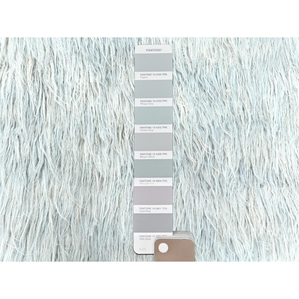 Blueish Gray, Shaggy Moroccan, Undyed Natural Wool Hand Knotted Rug, 8'0"x9'9"