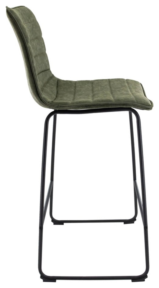 LeisureMod Brooklyn Modern Leather Bar Stool Set of 2 in Olive Green
