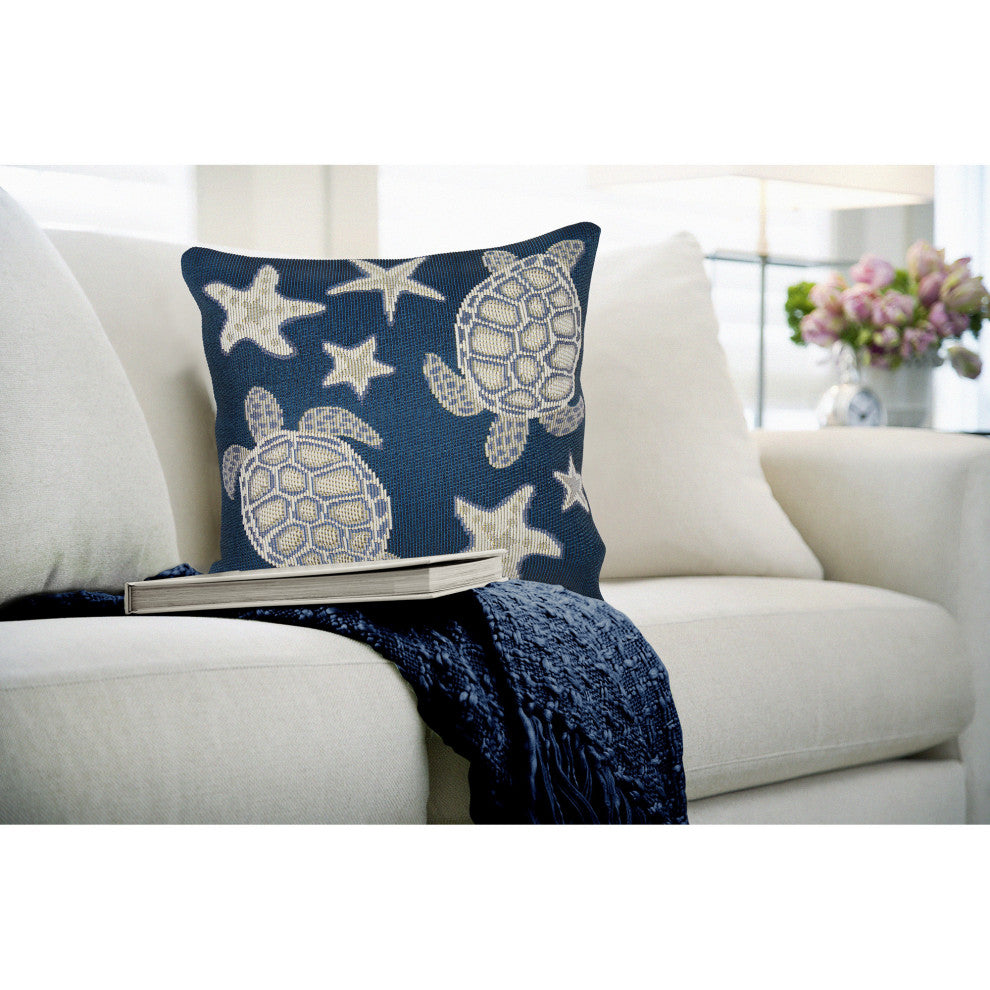 Marina Turtle And Stars Indoor/Outdoor Pillow, Navy, 18" X 18"