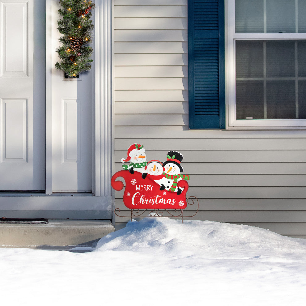 24"H Metal Snowmen Riding Sleigh Yard Stake