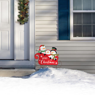 24"H Metal Snowmen Riding Sleigh Yard Stake
