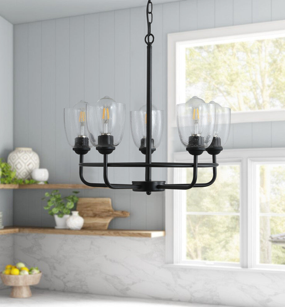 5-Light Chandelier Candle Style Island Pendant Lights with Glass Shades, Black