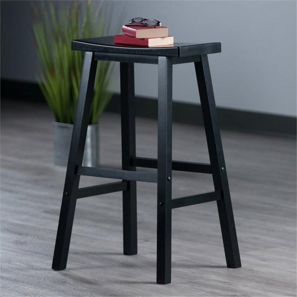 Pemberly Row 28.86" Transitional Solid Wood Saddle Seat Bar Stool in Black