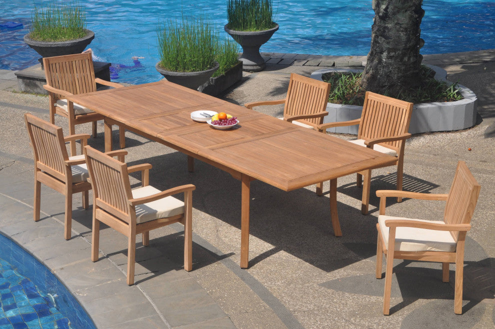 7-Piece Outdoor Teak Dining Set: 117" Rectangle Table, 6 Leveb Stacking Chairs