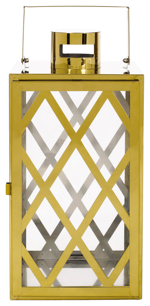 Cecil Outdoor 14" Modern Stainless Steel Lantern, Gold
