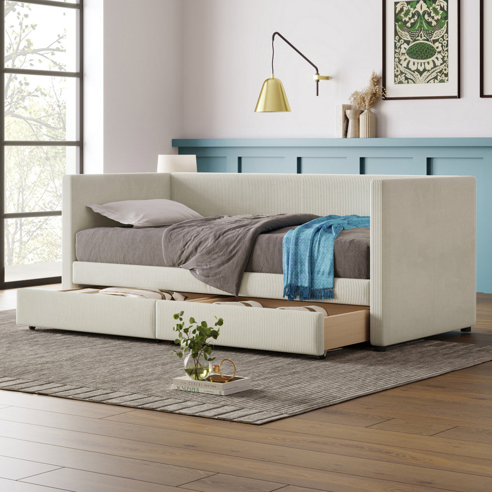 Gewnee Twin Size Corduroy Daybed with Two Drawers and Wood Slat in Beige