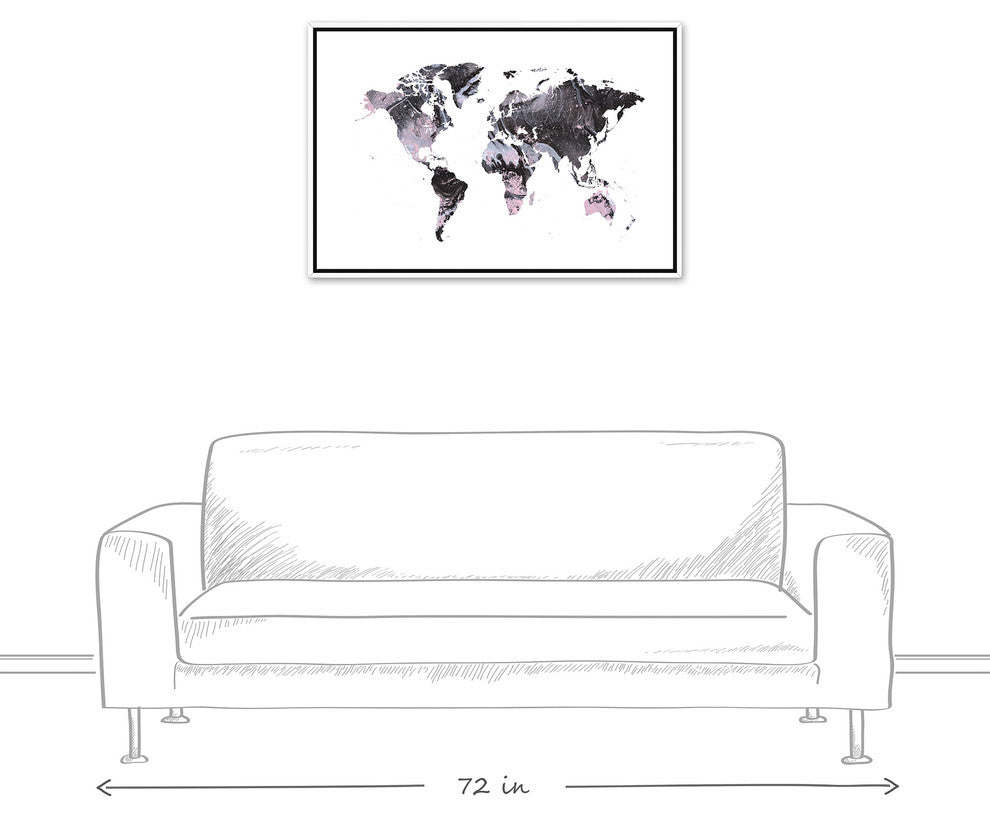 Gray World Map 24x36 White Floating Framed Canvas