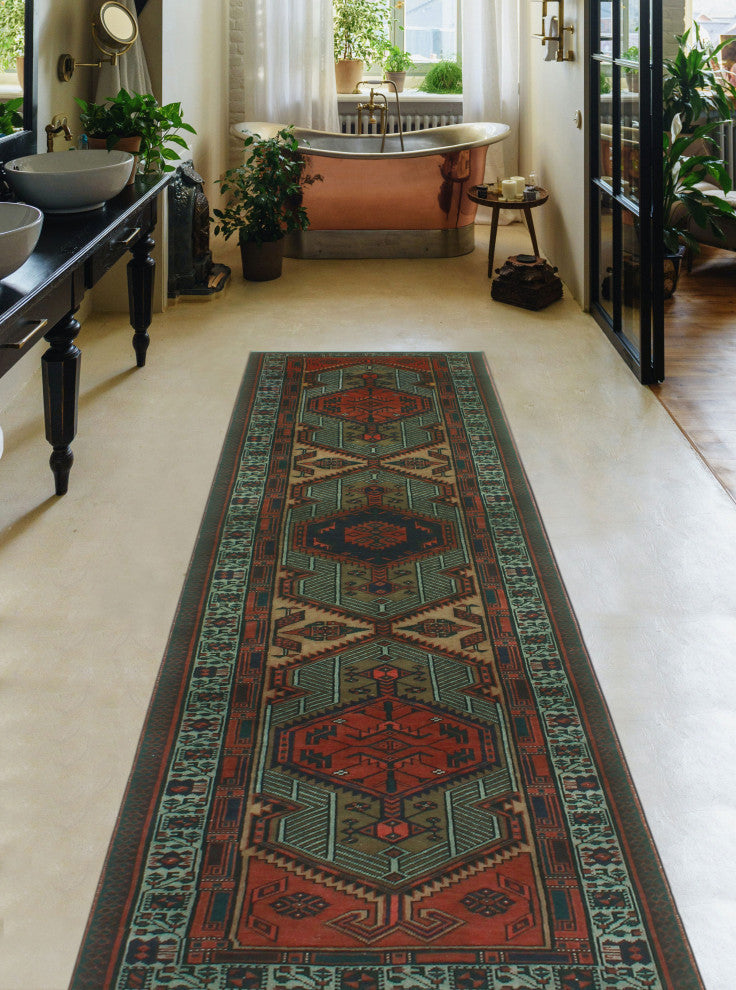 Fine Vintage Distressed Norwell Navy/Red Runner, 3'2x11'4