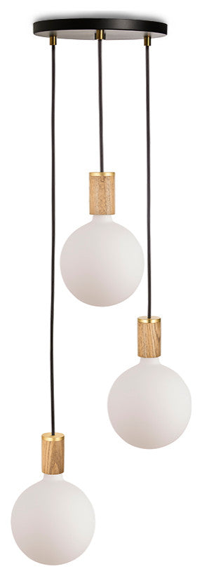 Small Canopy Black, Brass Grip With 3 Oak Pendants & 3 Sphere IV