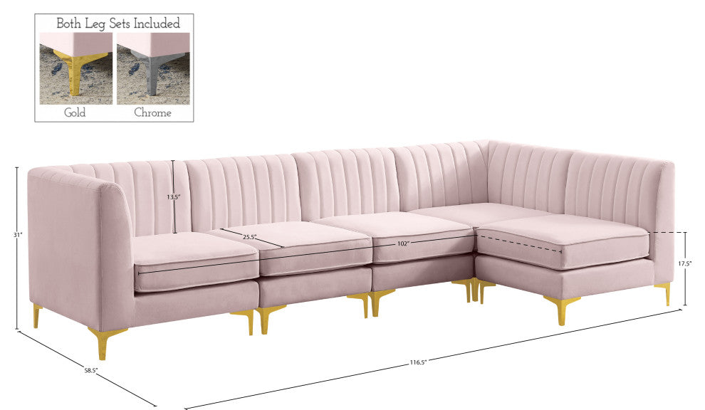 Alina Velvet Modular L-Shaped Modular Sectional, Pink, 5-Piece: 3 Armless Chair, 2 Corner Chair