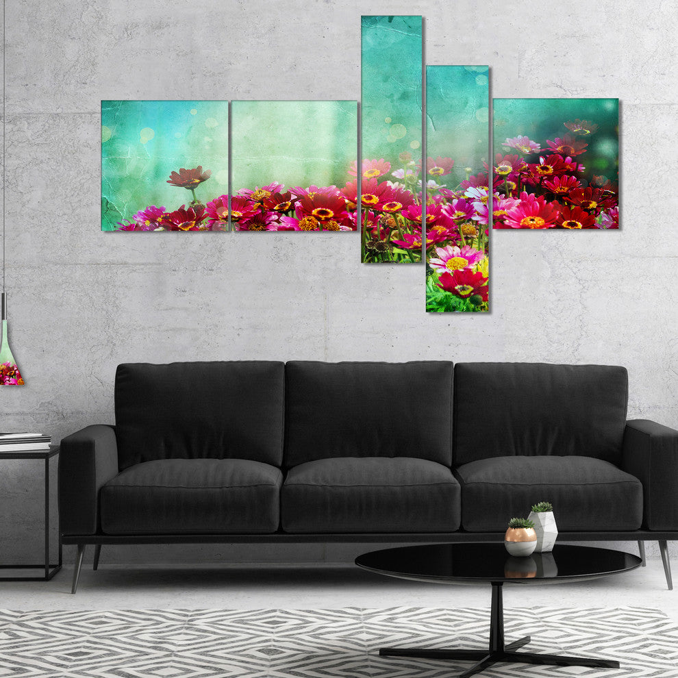 Little Red and Pink Flowers on Blue, Floral Canvas Art Print, 60"x32", 5 panels